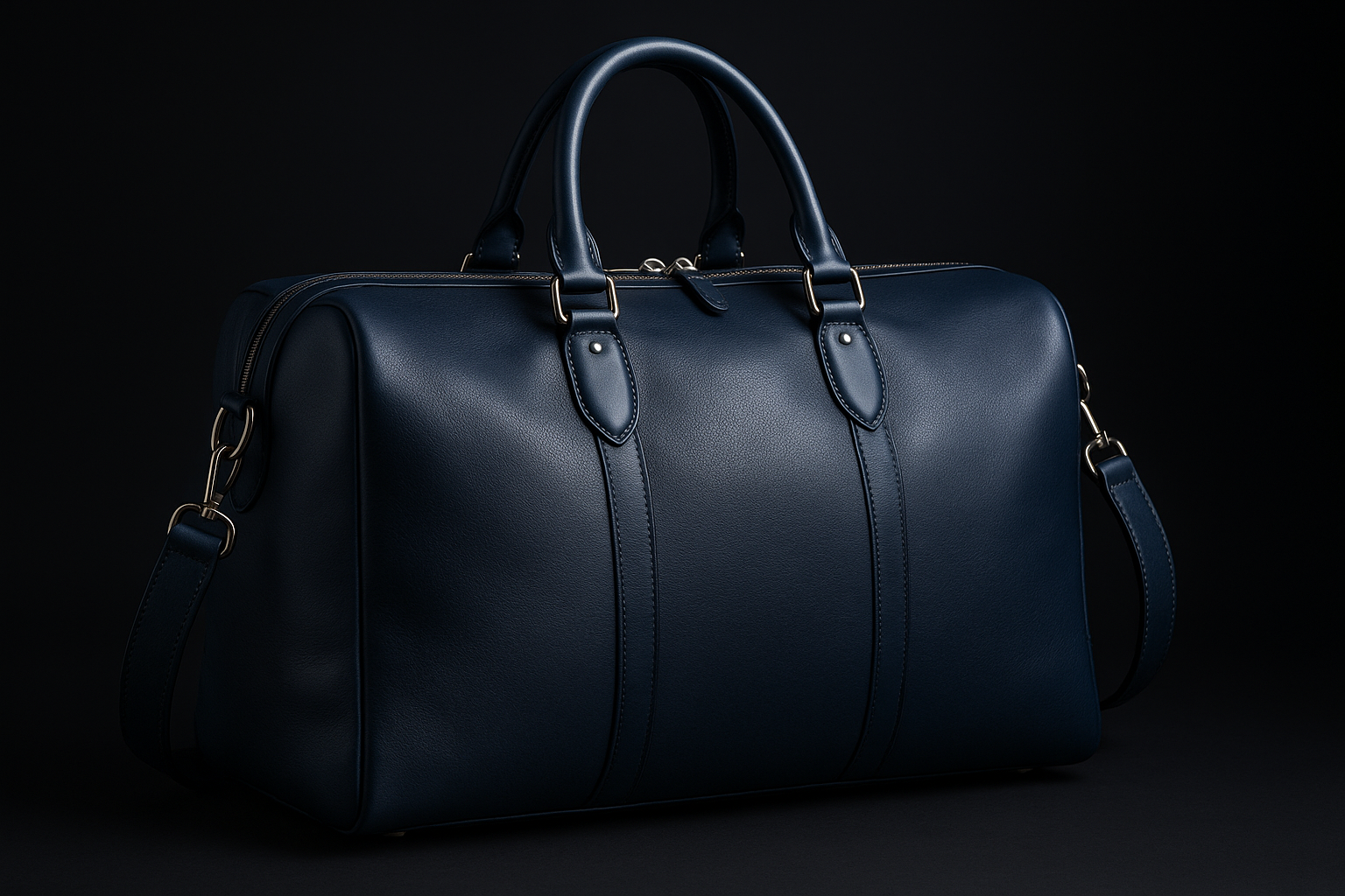 Blue luxury leather weekend bag in black ish background